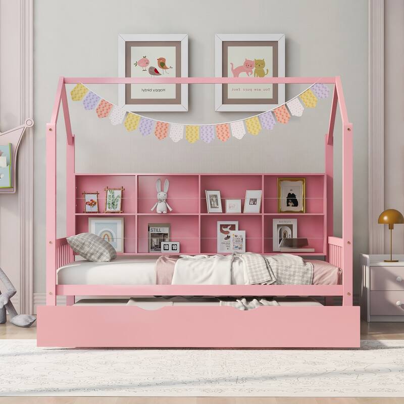 Pine Kids House Platform Bed with Trundle, Shelf, and Roof