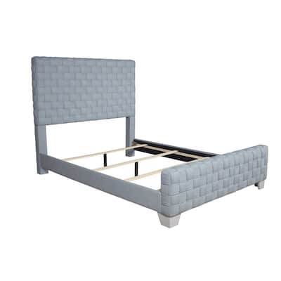 Chenille Upholstered Eastern King Bed in Light Teal and Gray