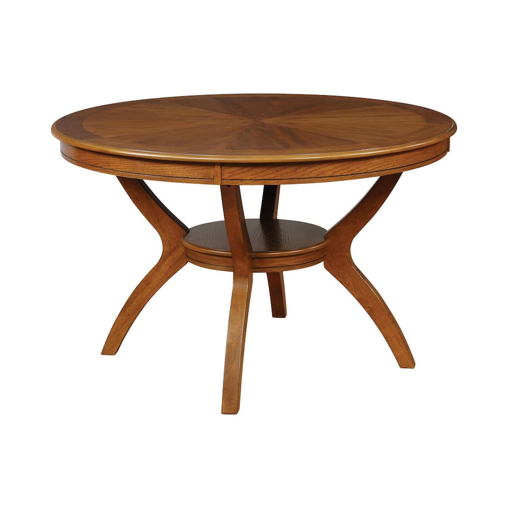 48 Inch Round Dining Table with Shelf, Boomerang Angled Legs, Golden Brown