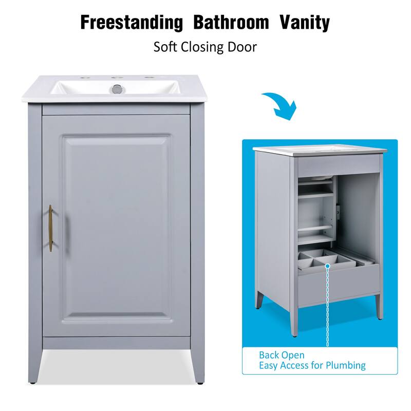 20.3" Freestanding Bathroom Vanity with Ceramic Sink, Soft-Close Door, Cabinet and Drawer Storage