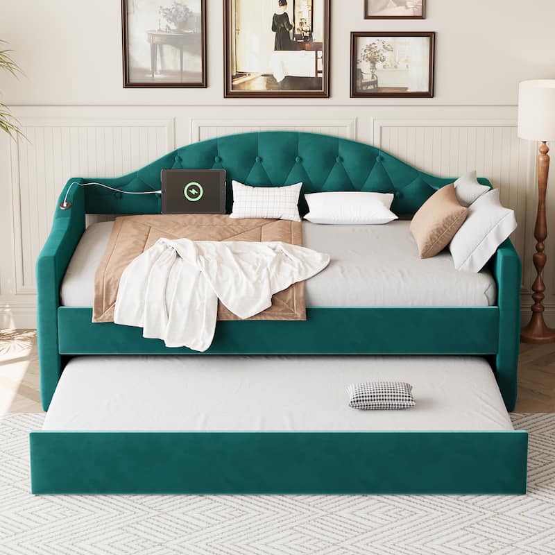 Tufted Upholstered Frame Daybed Velvet Sofa Bed with USB and Type-C Charging Ports, Twin Platform Low Profile Bed with Trundle