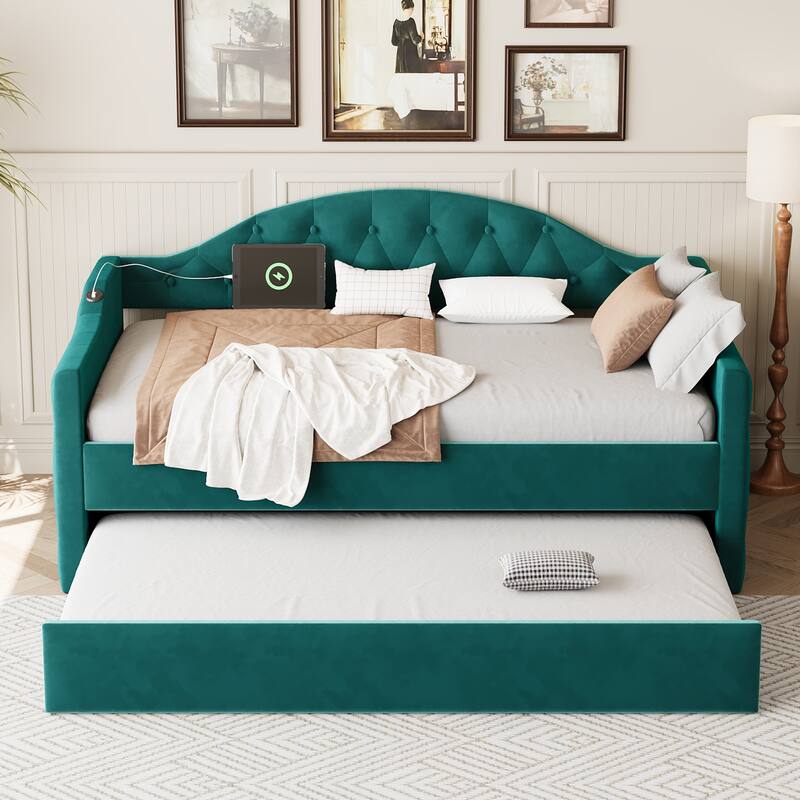 Twin Size Tufted Upholstered Daybed, Velvet Fabric Sofa Bed Frame with Trundle, Living Room Twin Daybed Frame with USB Ports