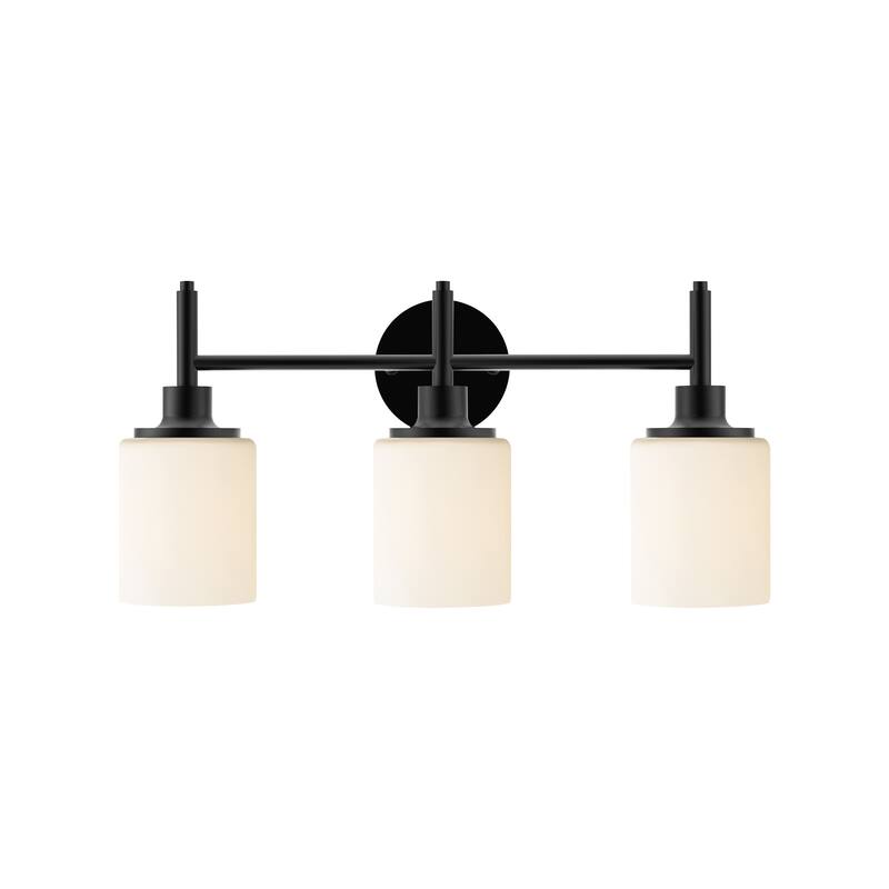 21 in. 3-Light Matte Black Finish Vanity Light with White Glass Shades - 21.6 in. L x 6.75 in. W x 10.6 in. H