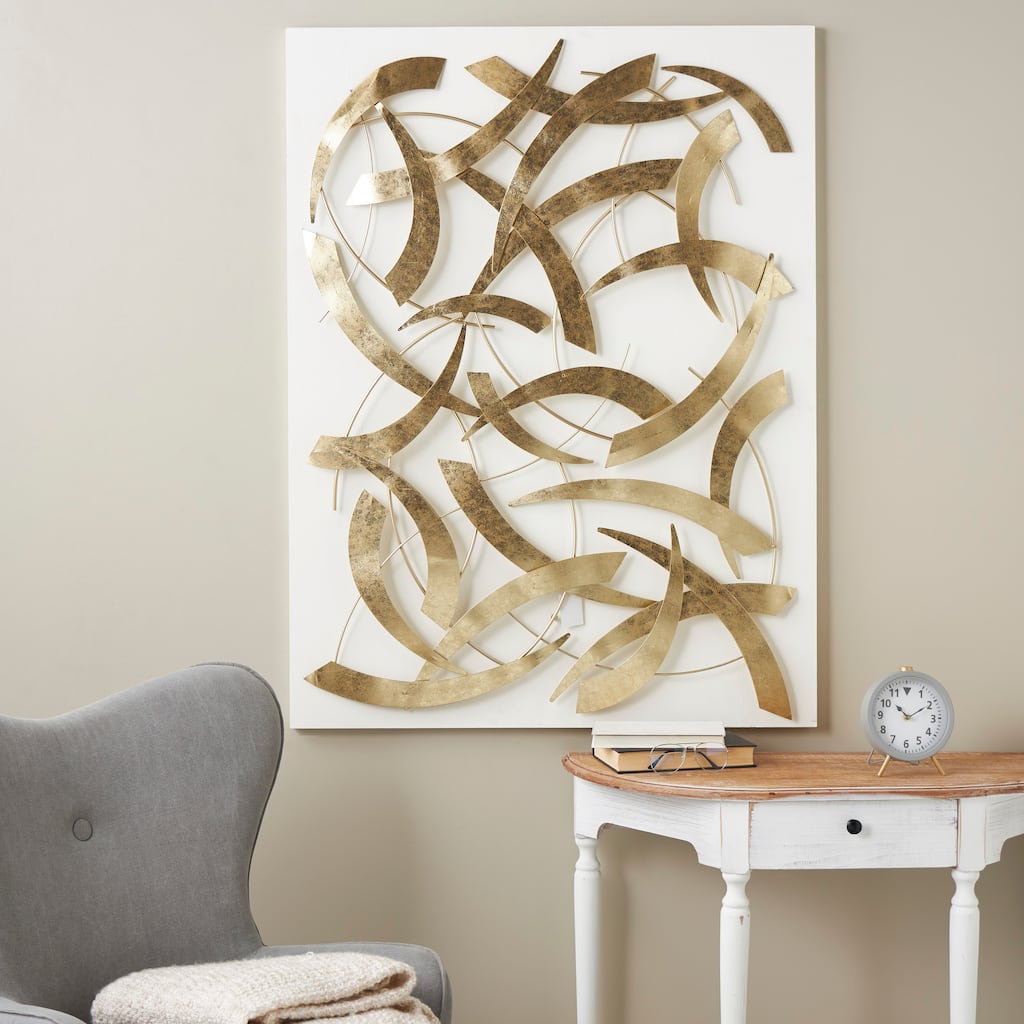 Gold Metal Metallic Curved Rod Abstract Home Wall Decor with White Wood Backing