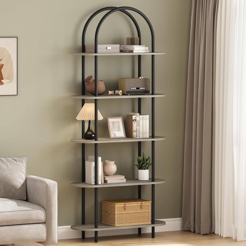 5-Tier Freestanding Metal Frame Bookcase. Open Storage Rack for Living Room, Bedroom - N/A - Grey