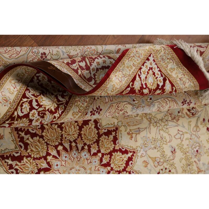 Handmade 100% Silk Qum Persian Accent Rug Traditional Beige Carpet - 4'4"x 6'3"