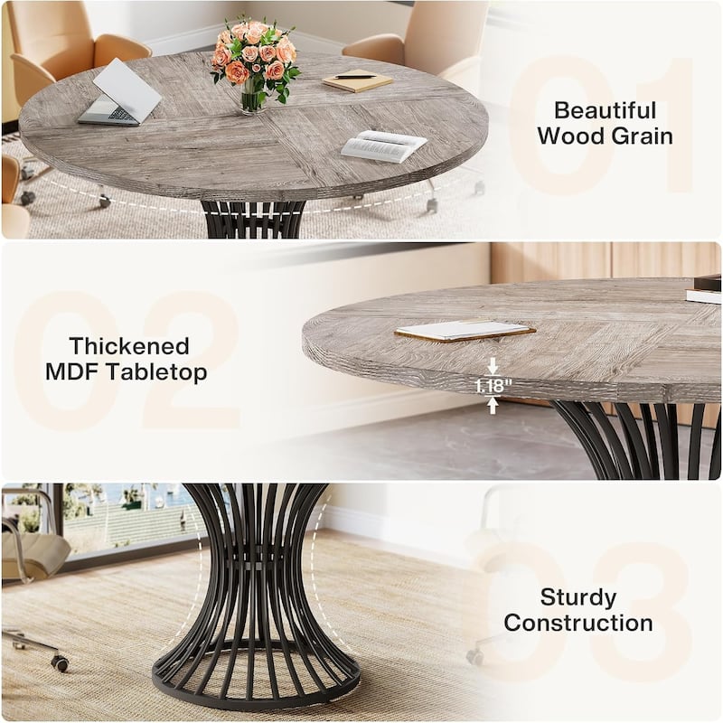 Wood and Metal Round Dining Table for 4 to 6 People - 46.85” x 46.85” x 29.92”