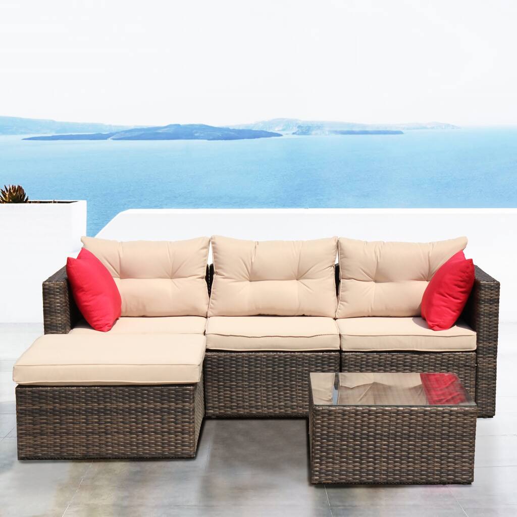 5PC Rattan Patio Furniture Set, Wicker Sofa Cushioned Sectional Furniture Set