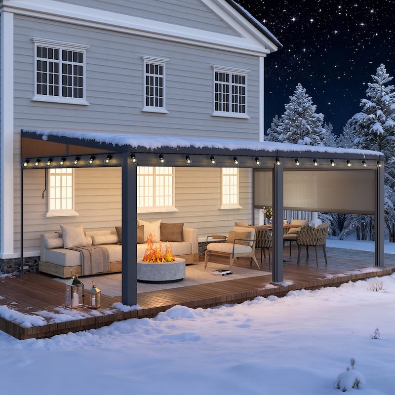 Erommy Wall-Mounted Pergola with Louvered Roof & Pull-Down Screen, Aluminum Awning for Patio or Deck