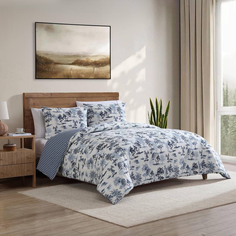 Eddie Bauer Vintage Forest Toile Cotton Reversible Blue Comforter Set
