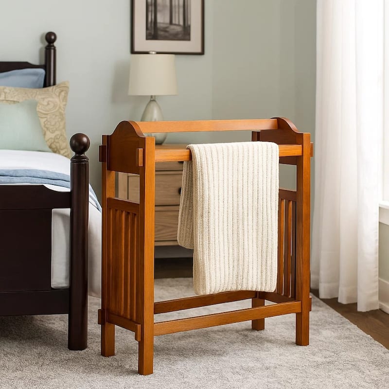 Wooden Mission Style Quilt Rack with 3 Hanging Bars on Scrolled Top, Brown