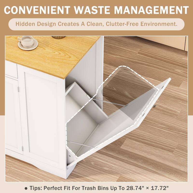 53" Mobile Kitchen Island Cart with Trash Can Cabinet, Spice Rack, Drawer & Towel Bar