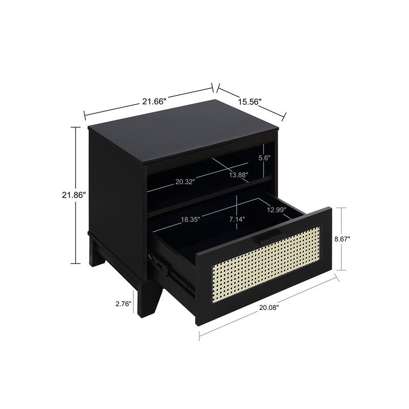Modern Black Cane Nightstand with Drawer and Cubby Space