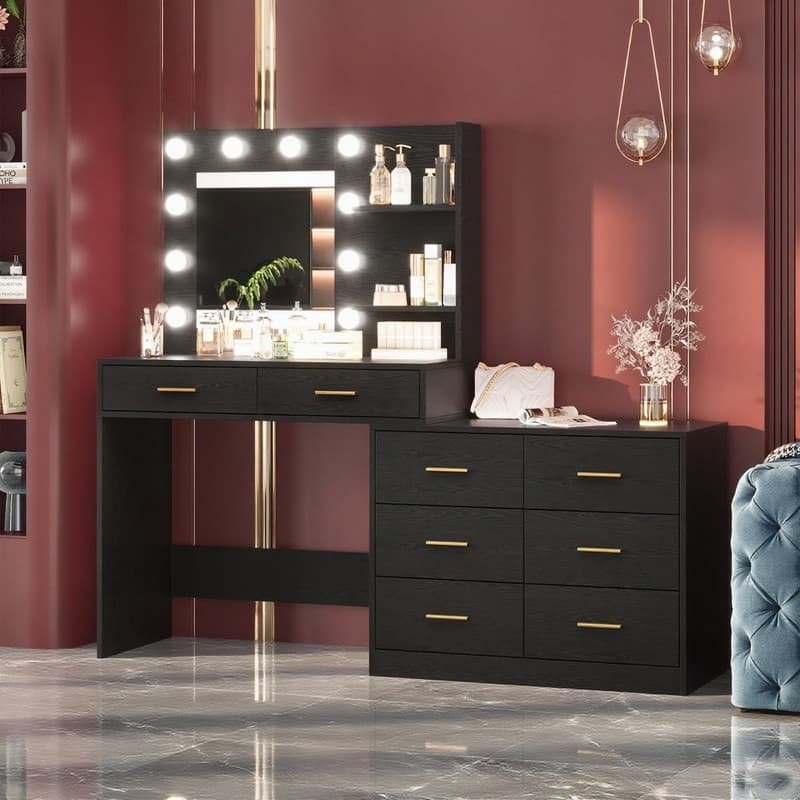 61" Makeup Vanity Desk with Mirror and Lights, 8 Drawers, 2 Shelves - Black