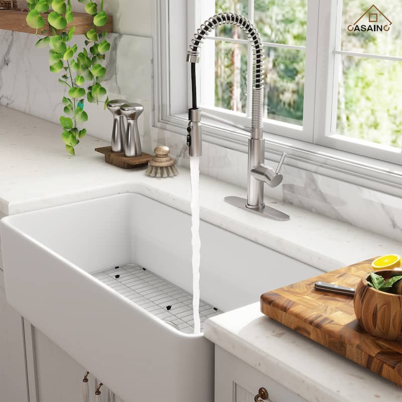 Farmhouse/Apron-Front Single Bowl Fireclay Kitchen Sink with 3-Function Pull-Down Kitchen Faucet, Grid, and Basket Strainer