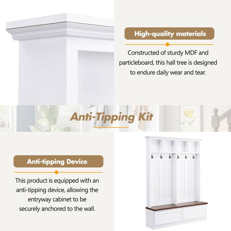 Farmhouse 4-in-1 Hall Tree with Bench, 2 Drawers & Coat Rack for Entryway
