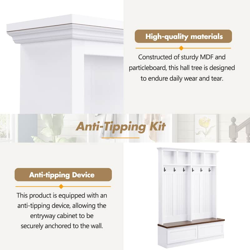 Hall Tree with Wood Bench, Entryway Bench Lounge Bench, White Walnut Shoe Organizer Coat Rack with Open Compartments