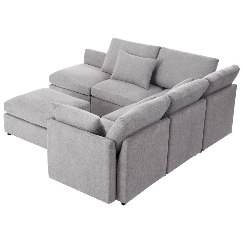 L-Shaped Modular Sectional Sofa Convertible U-Shaped Sofa Bed with Movable Ottoman and 2 USB Ports, 2 Pillows, Chenille 5 Seat