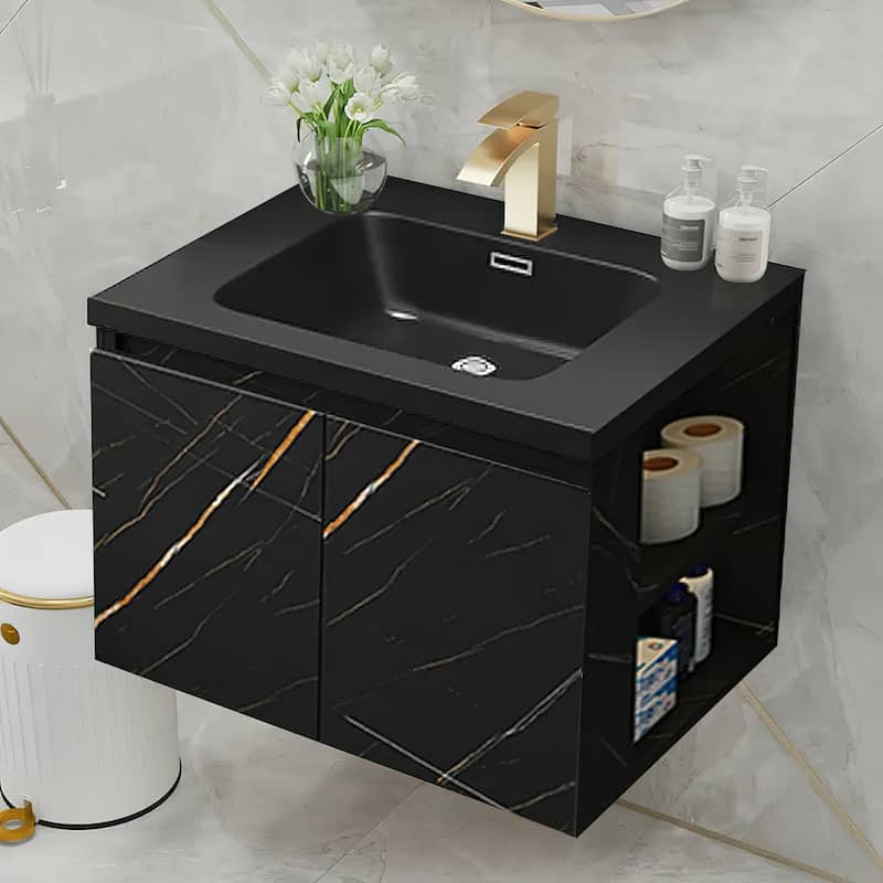 Light Luxury 27.6 in. Single Bathroom Vanity, Stone Countertop Wall Mounted Black Countertop Sink Connected Bathroom Vanity