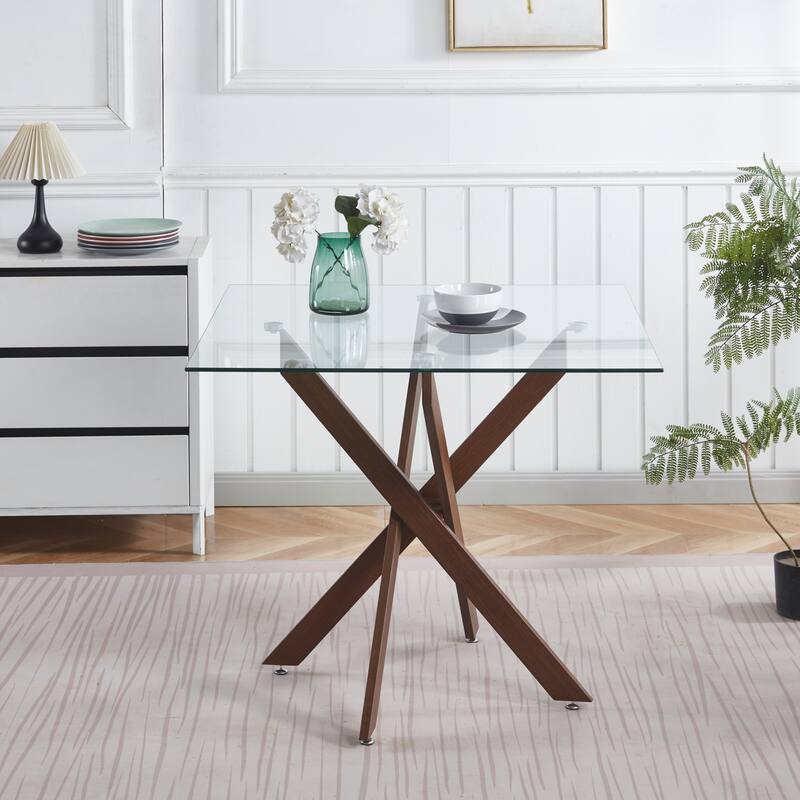 Dining Table With Cross Metal Leg And Tempered Glass,Kitchen Table For Living Room,Walnut Color Legssquare Table - Dark Walnut