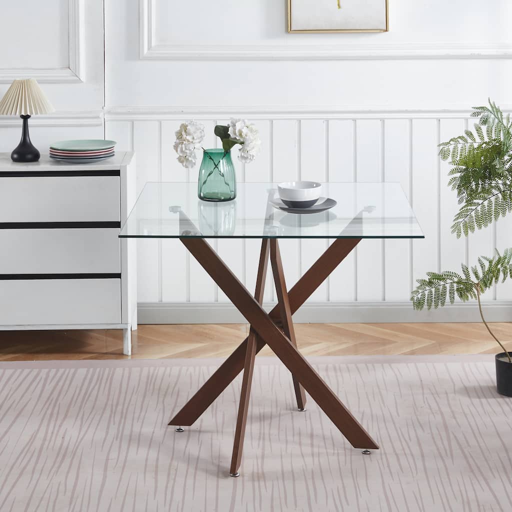 Dining Table With Cross Metal Leg And Tempered Glass,Kitchen Table For Living Room,Walnut Color Legssquare Table