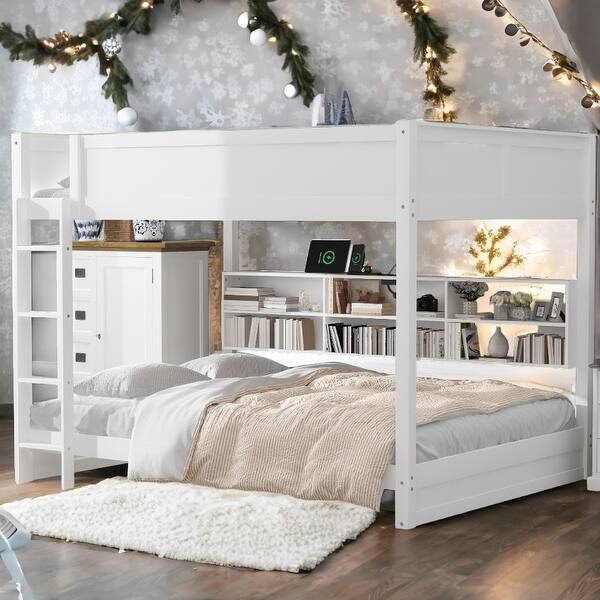 slide 2 of 34, Queen over Queen Bunks Platform Bed with Storage Cabinets and USB Ports White Color