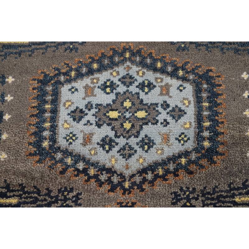 Gray Geometric Viss Indian Runner Rug Handmade Wool Carpet - 2'7"x 8'1"