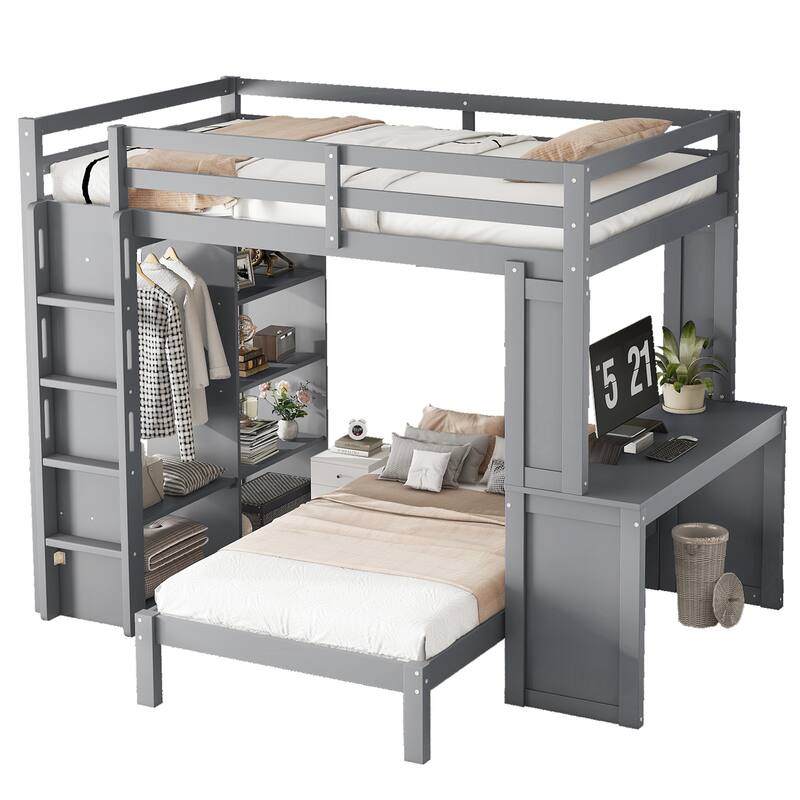 Roomfitters Full/Queen Solid Wood Bunk Bed with Dismountable Lower Bed, Desk, Shelves & Wardrobe, Convertible Loft