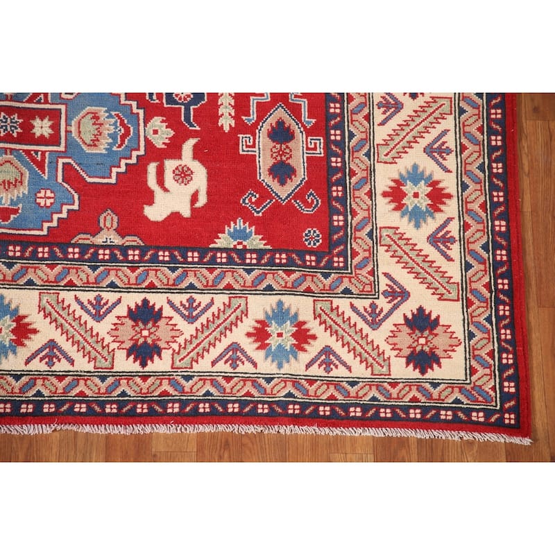 Red Geometric Kazak Area Rug Hand-Knotted Living Room Wool Carpet - 6'8" x 9'9"