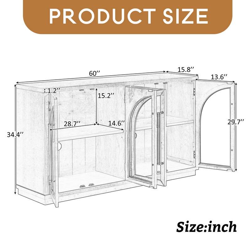 4-Door Large Storage Sideboard Buffet Cabinet with Glass Doors, Arched Cabinet with Adjustable Shelves for Kitchen