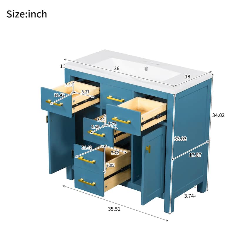 36'' Bathroon Vanity with Resin Sink, Freestanding Bathroom Vanity Cabinet with 4 Drawers, 2 Cabinets and 2 Soft Close Doors