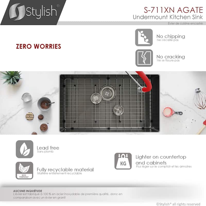 STYLISH 30 inch Graphite Black Single Bowl Undermount Stainless Steel Kitchen Sink with Grid and Basket Strainer Handmade