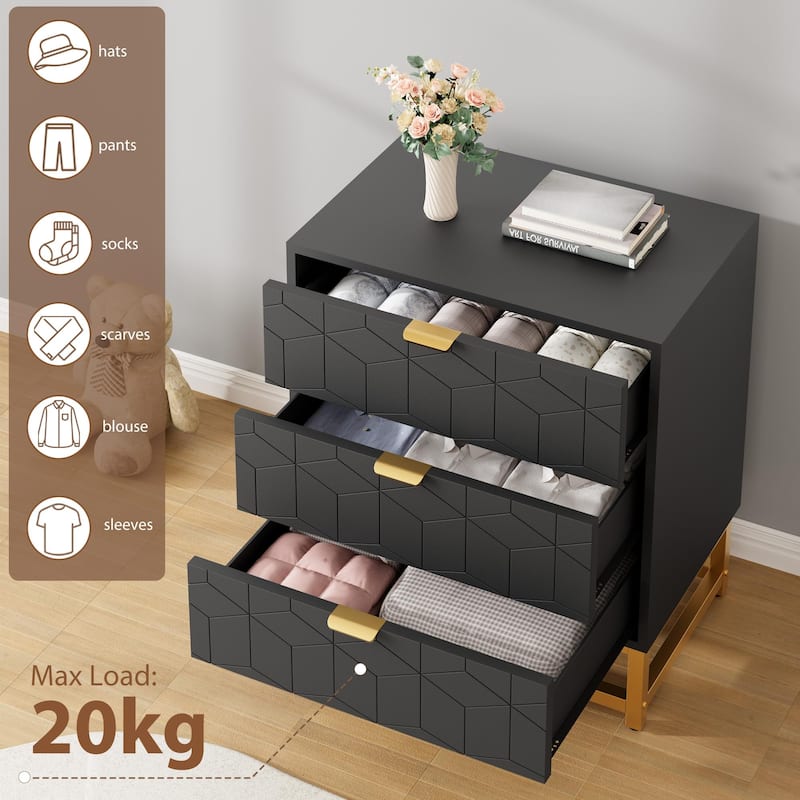3 Drawer Dresser with Metal Legs, Wood Storage Chest for Bedroom, Living Room, Hallway, Wide Organizer