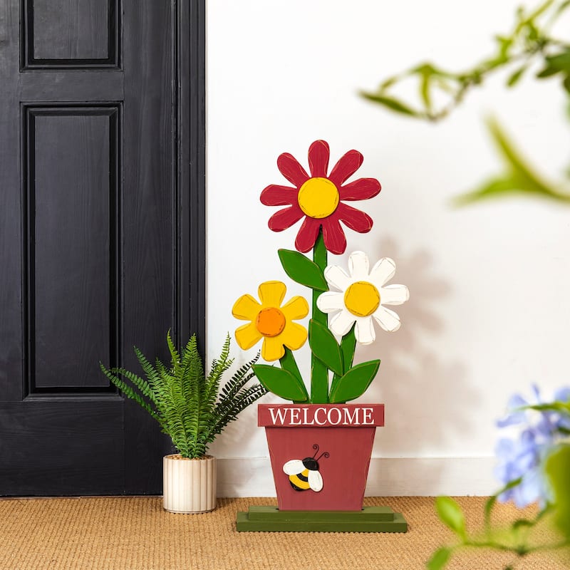 Glitzhome 30"H Wooden Trio Flowers "Welcome" Sign Porch Decor