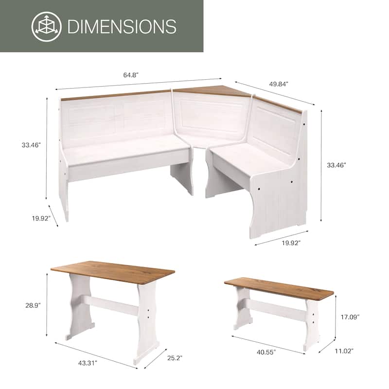 OS Home and Office Furniture Model COW805 Solid Pine Corner Dining Booth in Distressed White