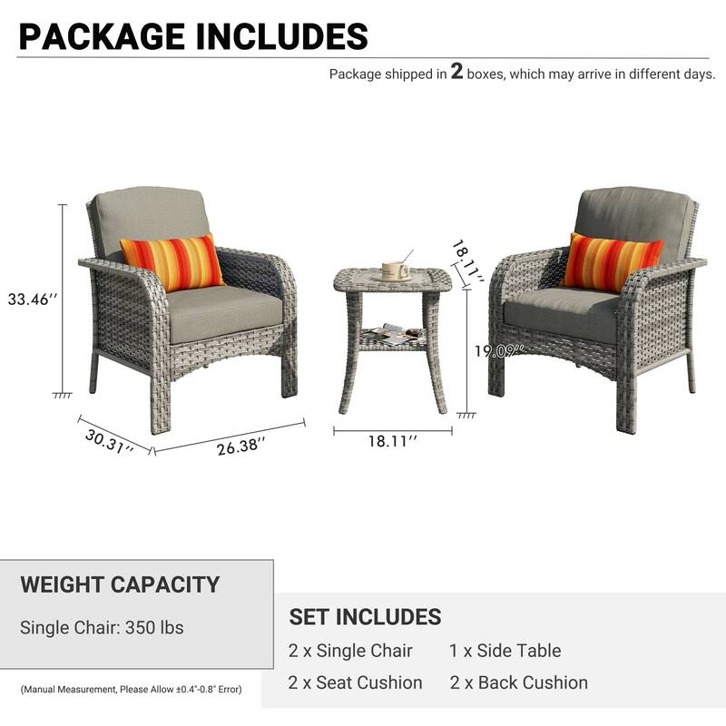XIZZI 3-Piece Outdoor Wicker Patio Chair Set with Side Table
