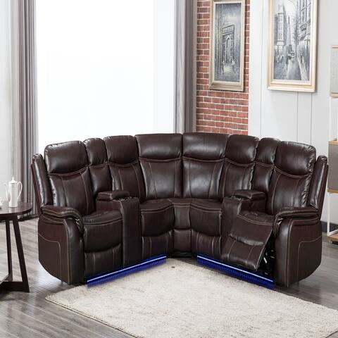 Leather Recliner Corner Sofa with USD Port/LED Light/Bluetooth Speaker