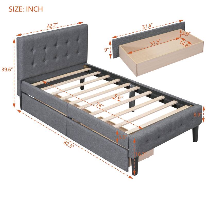 Twin Size Upholstered Platform Bed with Button Tufted Headboard and 2 Drawers