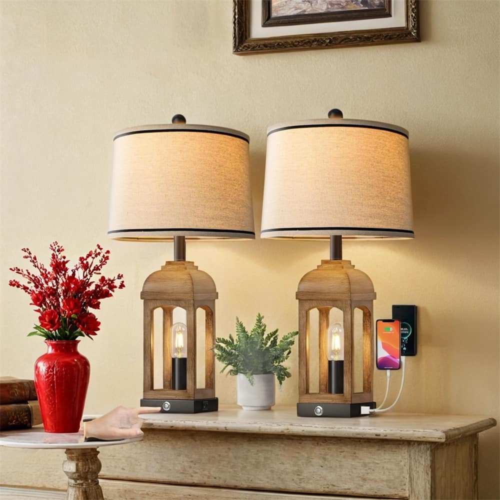 26" Table Lamp,Farmhouse Lamps Set of 2 with USB A+C and Nightlight