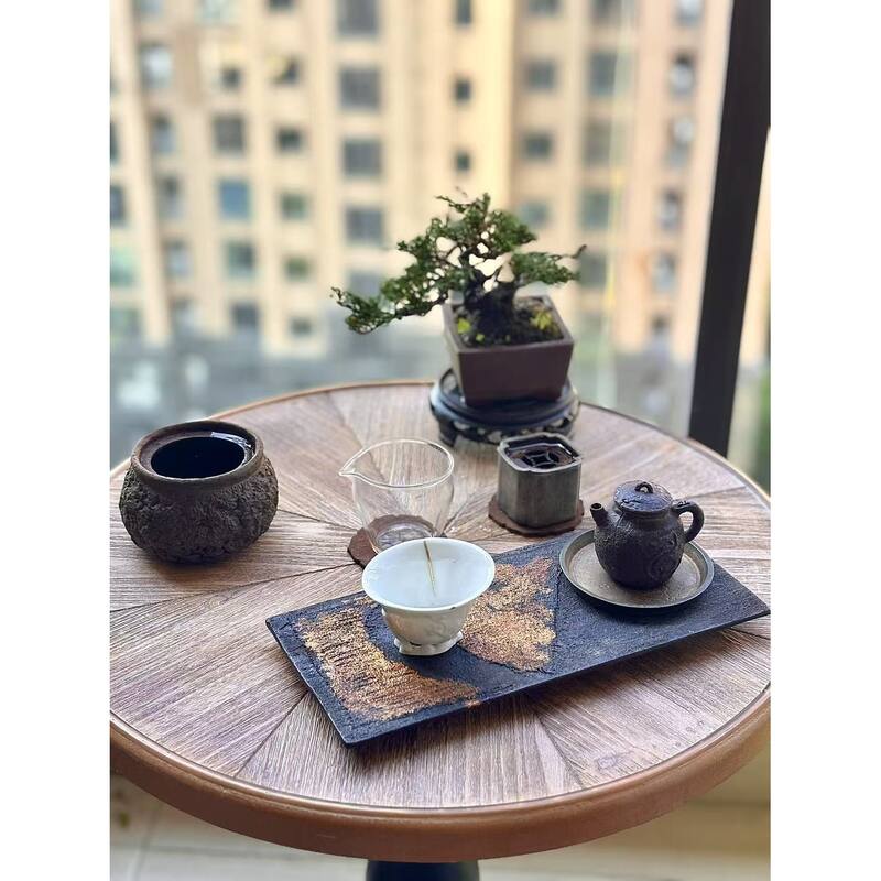 Anmytek Vintage Pedestal End Table Rustic Distressed Top Black Cottage Living Room Side Table