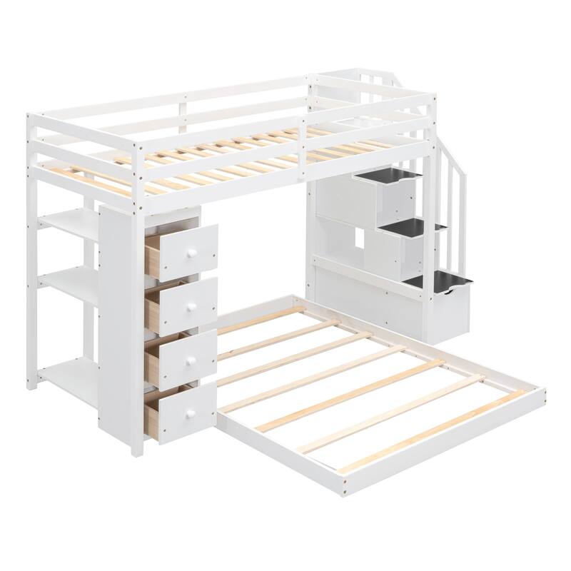 Space-Saving Twin Over Full Bunk Bed with Shelves, Drawers, and Storage Stairs in White
