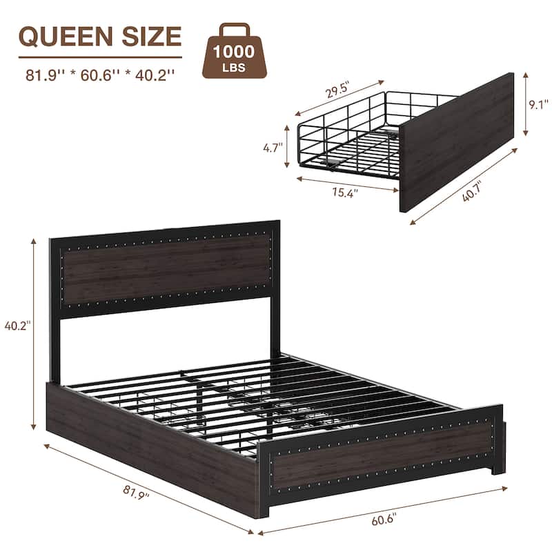 Bed Frame With 4 Storage Drawers and Charging Station