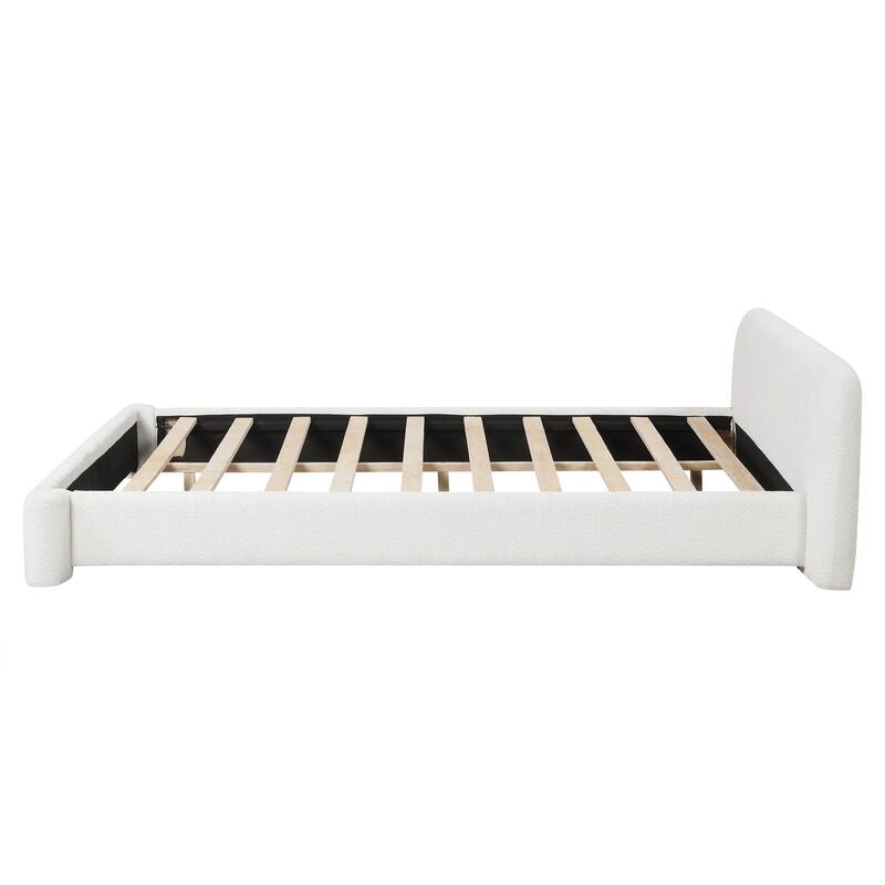 Roomfitters Boucle Upholstered Bed Frame with Birch Wood Slats, Modern Design, White