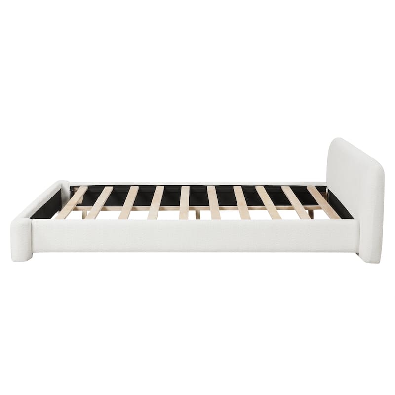 White Upholstered Boucle Bed, Low Profile Grounded Bedframe with Wood Slat Frame and Center Wood Legs Support Platform Bed
