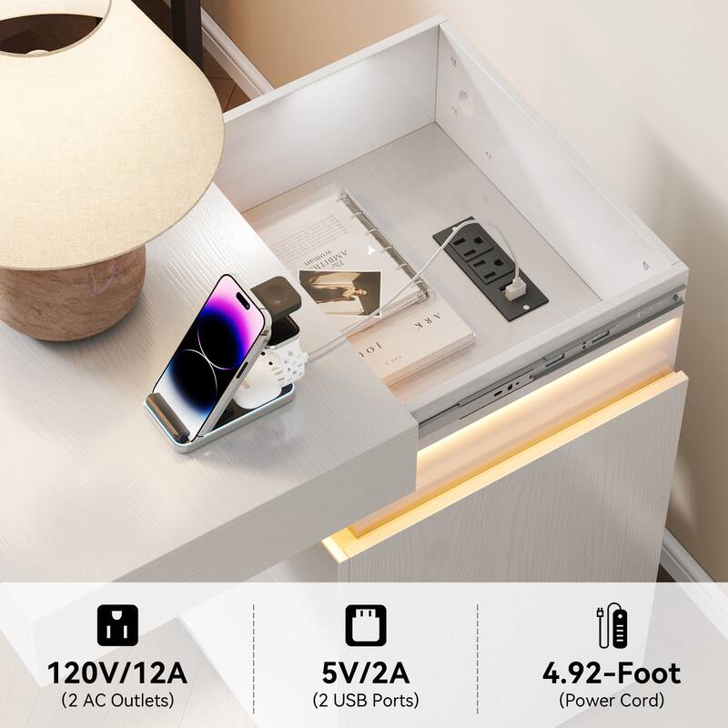 Nightstand with Built-In Charging Station and LED Lighting, 3-Drawer Sliding-Top Modern Bedside Table