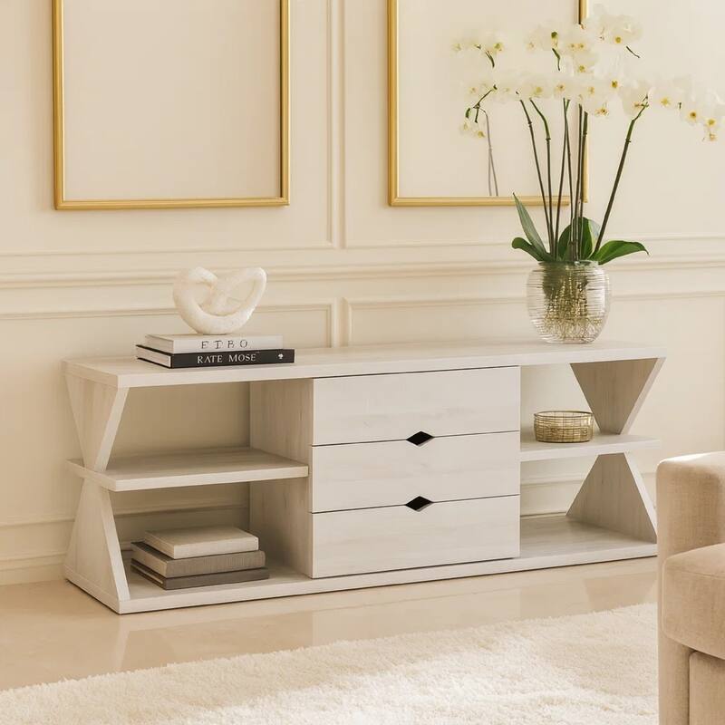 60 Inch TV Media Entertainment Console with 4 Shelves, 3 Drawers, Oak White