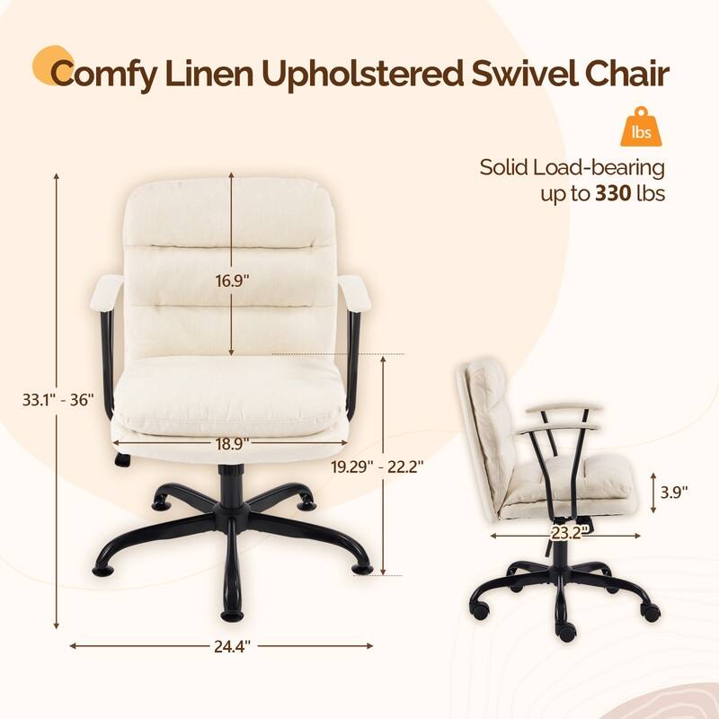 24.4 Inch Upholstered Swivel Office Chair With Leg Pegs And Wheels