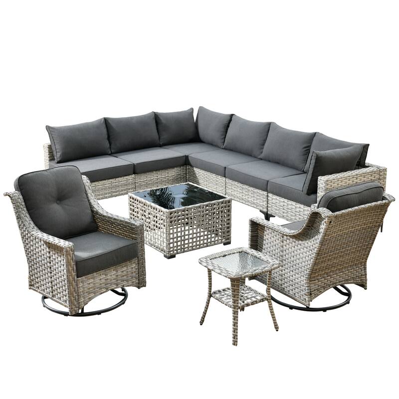 HOOOWOOO 10-piece Wicker Patio Furniture Set Sectional Sofa with Swivel Chair