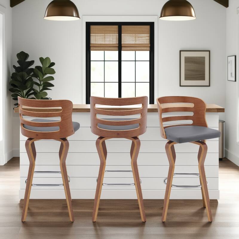 Verne Walnut or Black Wood Upholstered Bar Height Swivel Barstool