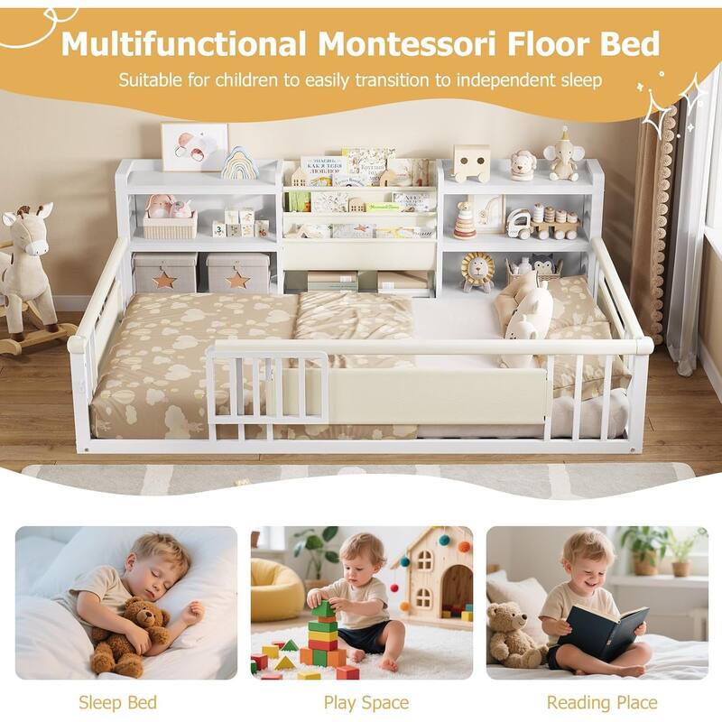 Twin Floor Bed for Kids with High Fence Door Storage Bookcase & Shelf